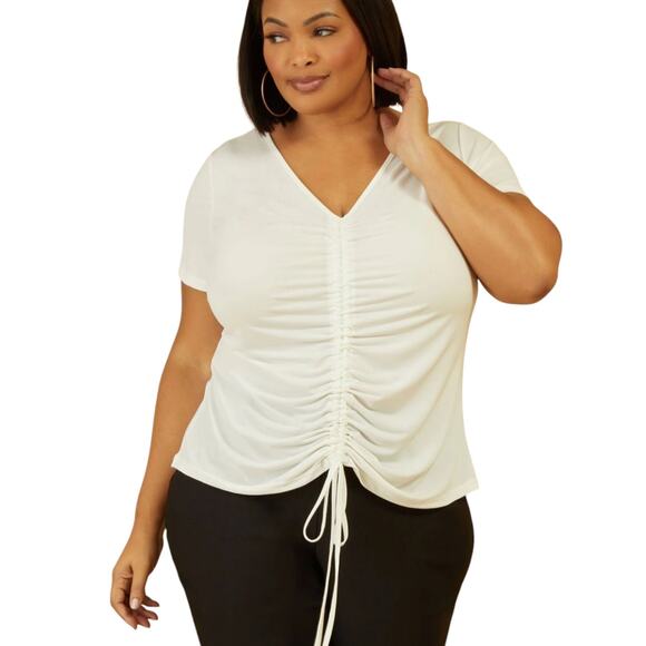 Lane Bryant Livi Ruched Drawstring Top Womens Plus 18/20 Ribbed White Tie Front - Picture 1 of 8